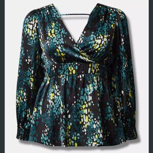 Torrid Satin Surplice Tie Cut Out Back Long Sleeve Blouse